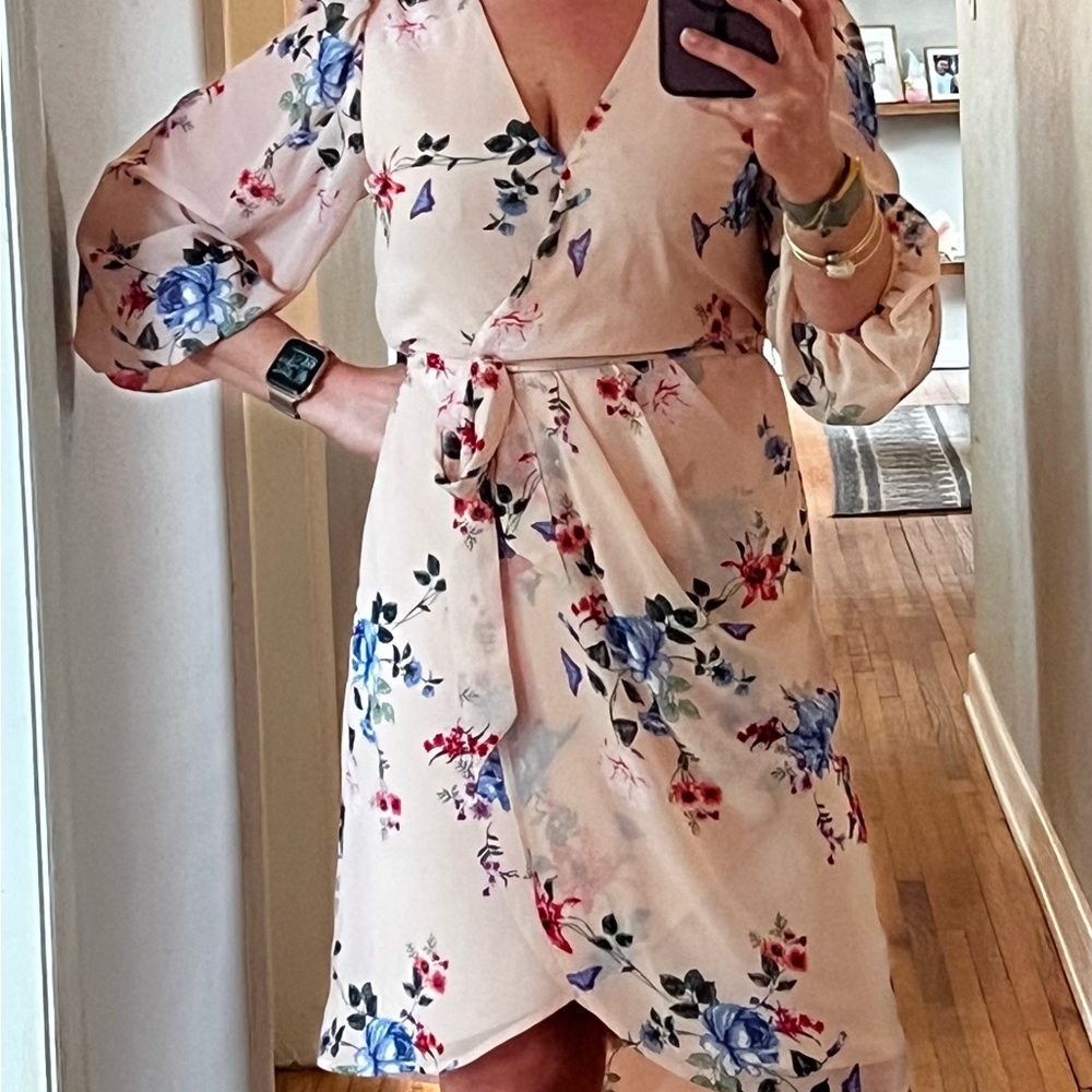 Floral Faux Wrap Dress in light Pink with Blue and Hot Pink Floral